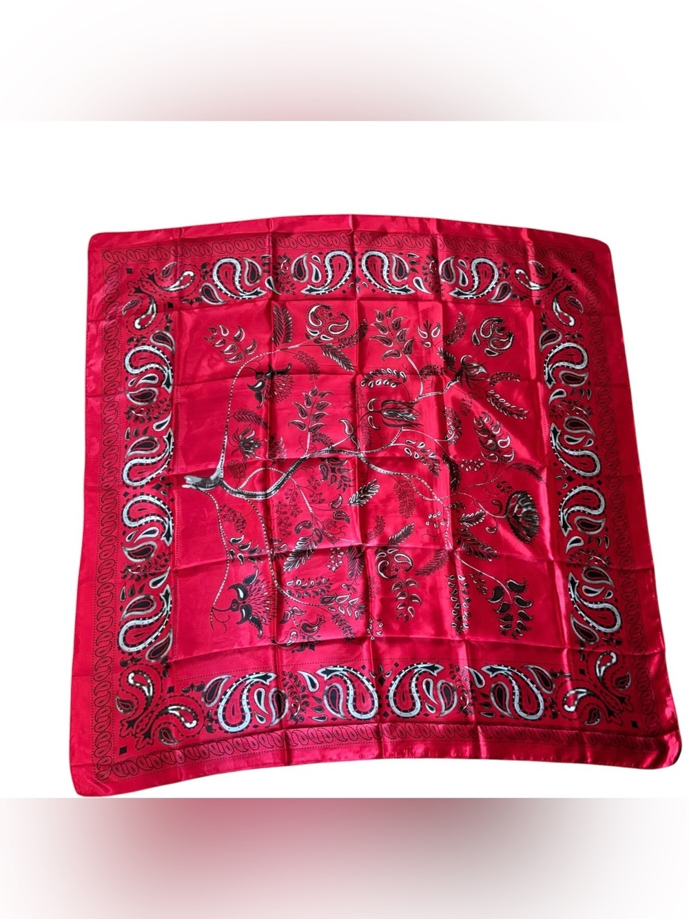 Large Red Black Silky Feel 90X90 Square Scarf Paisley Leaf Gothic Retro